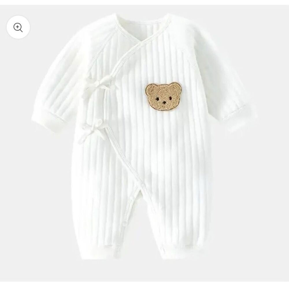 Berins Kids Romper Kimono Teddy Bear Patch White Ribbed Side Tie Snap Baby 1-3M